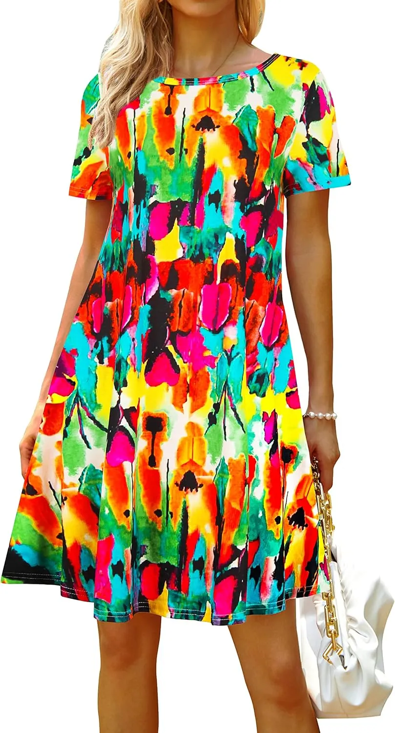 Casual Summer Dresses for Women Beach Sundress Short Sleeve Tshirt Dress with Pockets