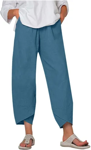 Casual Wide Leg Pants Women Baggy Comfy Cotton Linen Slacks High Waisted Trousers Summer Outdoor Walk Running Sweatpants