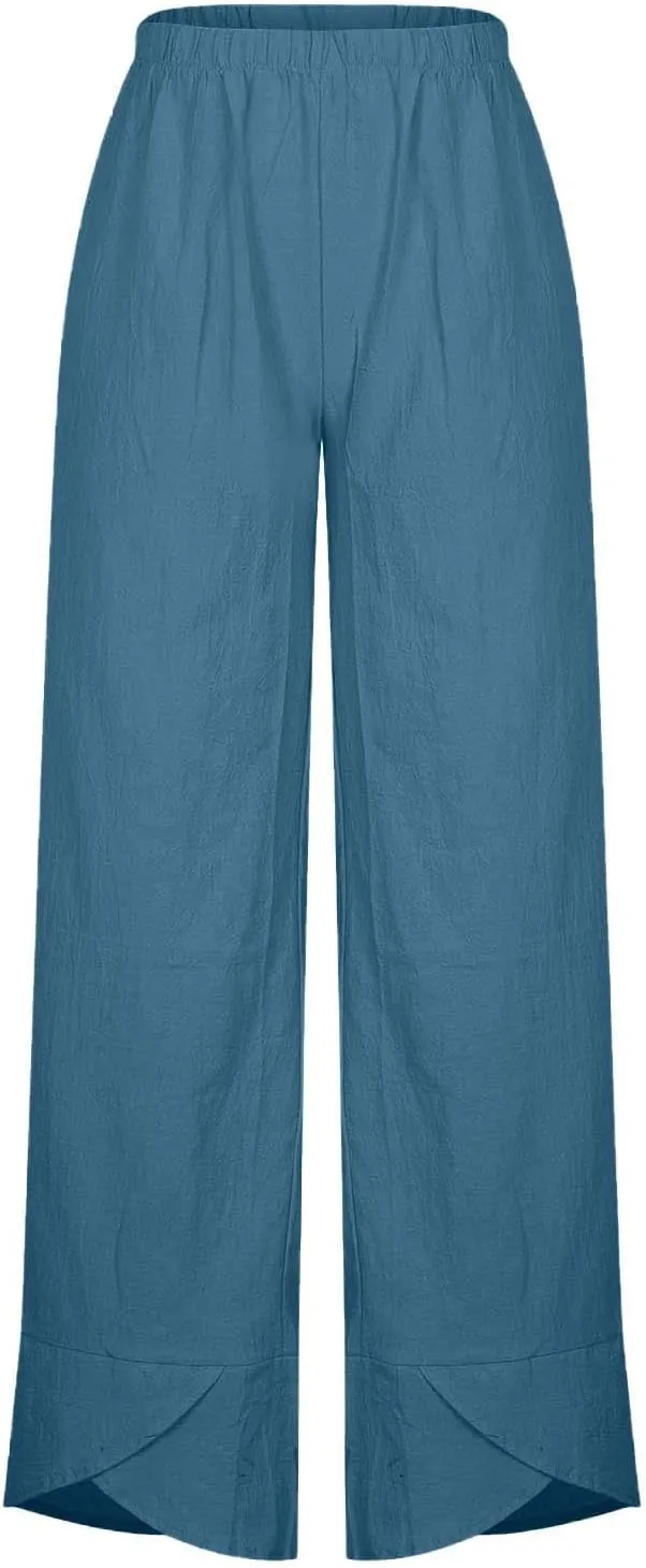 Casual Wide Leg Pants Women Baggy Comfy Cotton Linen Slacks High Waisted Trousers Summer Outdoor Walk Running Sweatpants