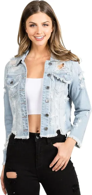 Cello Jeans Women's Juniors Heavy Distressed & Ripped Jean Jacket (Medium, Light Denim)