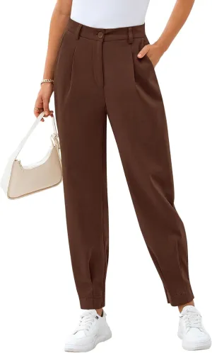 CFLONGE Women's Summer High Waisted Pants for Women 2025 Casual Ankle Length Pant for Work Office Trouser Slacks with Pockets