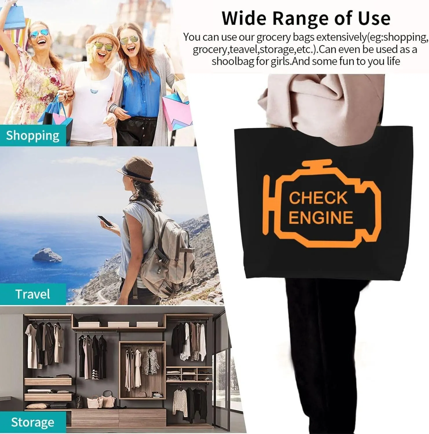 Check Engine Light Women'S Lightweight Canvas Handbag Waterproof Reusable Shopping Bag