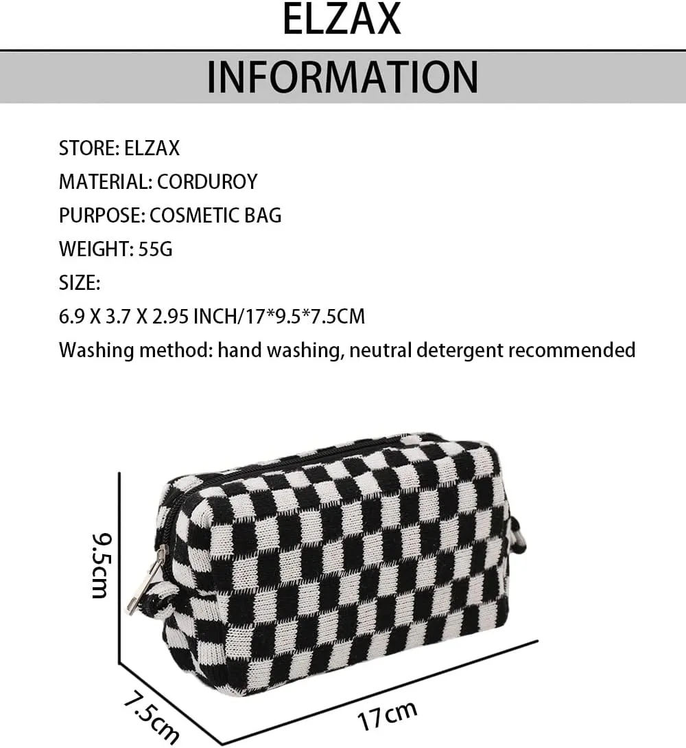 Checkered Cosmetic Bag for Women, Knitted Wool Make Up Bag Travel Toiletry Bag Aesthetic Y2K Storage Pouch (Black)
