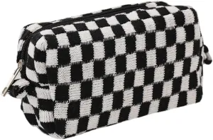 Checkered Cosmetic Bag for Women, Knitted Wool Make Up Bag Travel Toiletry Bag Aesthetic Y2K Storage Pouch (Black)