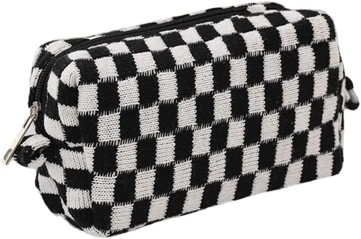 Checkered Cosmetic Bag for Women, Knitted Wool Make Up Bag Travel Toiletry Bag Aesthetic Y2K Storage Pouch (Black)