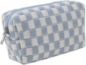 Checkered Cosmetic Bag for Women, Knitted Wool Make Up Bag Travel Toiletry Bag Aesthetic Y2K Storage Pouch (Blue)