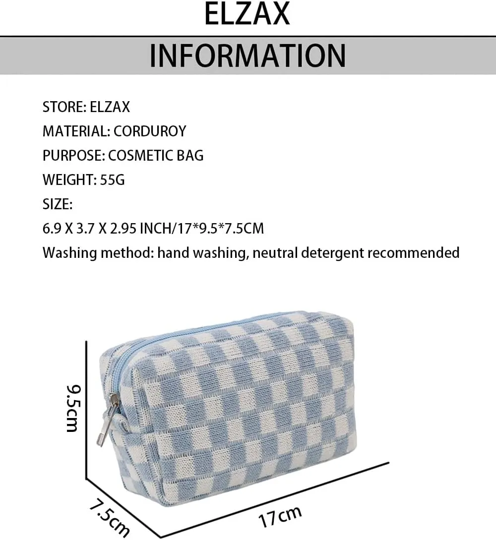 Checkered Cosmetic Bag for Women, Knitted Wool Make Up Bag Travel Toiletry Bag Aesthetic Y2K Storage Pouch (Blue)