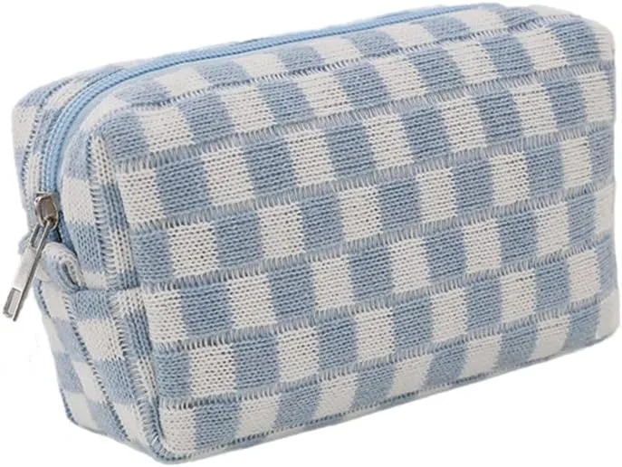 Checkered Cosmetic Bag for Women, Knitted Wool Make Up Bag Travel Toiletry Bag Aesthetic Y2K Storage Pouch (Blue)