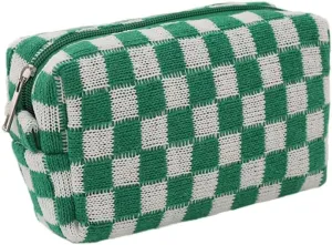 Checkered Cosmetic Bag for Women, Knitted Wool Make Up Bag Travel Toiletry Bag Aesthetic Y2K Storage Pouch (Green)