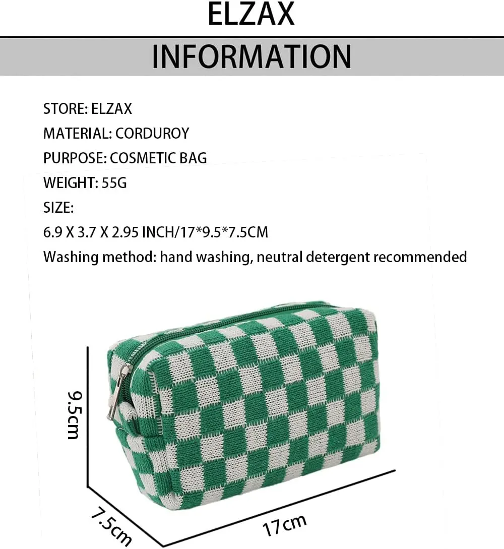 Checkered Cosmetic Bag for Women, Knitted Wool Make Up Bag Travel Toiletry Bag Aesthetic Y2K Storage Pouch (Green)