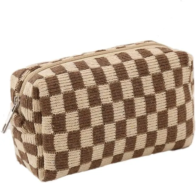 Checkered Cosmetic Bag for Women, Knitted Wool Make Up Bag Travel Toiletry Bag Aesthetic Y2K Storage Pouch (Khaki)