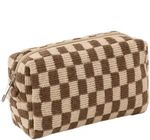Checkered Cosmetic Bag for Women, Knitted Wool Make Up Bag Travel Toiletry Bag Aesthetic Y2K Storage Pouch (Khaki)