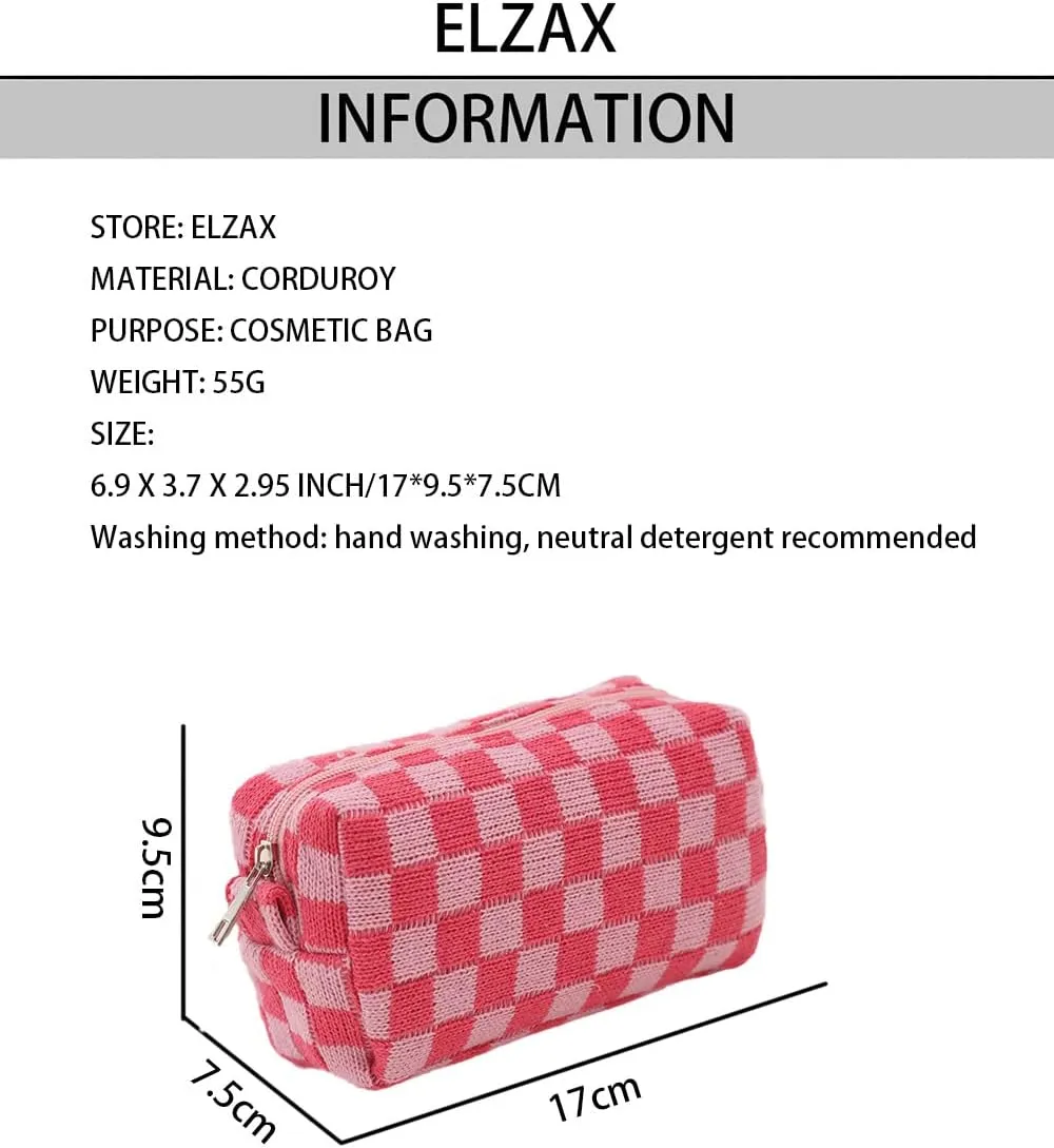 Checkered Cosmetic Bag for Women, Knitted Wool Make Up Bag Travel Toiletry Bag Aesthetic Y2K Storage Pouch (Pink)