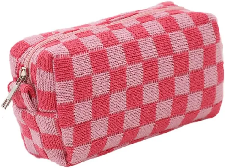 Checkered Cosmetic Bag for Women, Knitted Wool Make Up Bag Travel Toiletry Bag Aesthetic Y2K Storage Pouch (Pink)