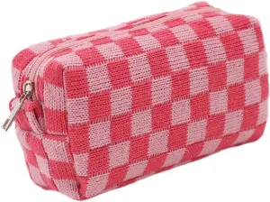 Checkered Cosmetic Bag for Women, Knitted Wool Make Up Bag Travel Toiletry Bag Aesthetic Y2K Storage Pouch (Pink)