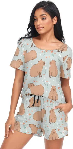 Cherry Chocolate Cupcakes Pajamas Set Womens 2 Piece PJ Sets Soft Short Sleeve Loungewear Sleepwear Set