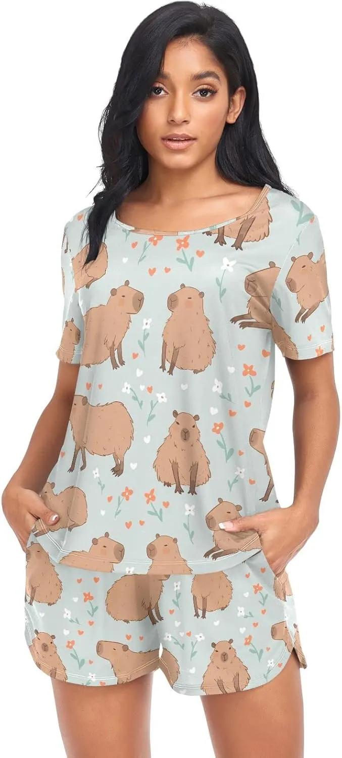 Cherry Chocolate Cupcakes Pajamas Set Womens 2 Piece PJ Sets Soft Short Sleeve Loungewear Sleepwear Set