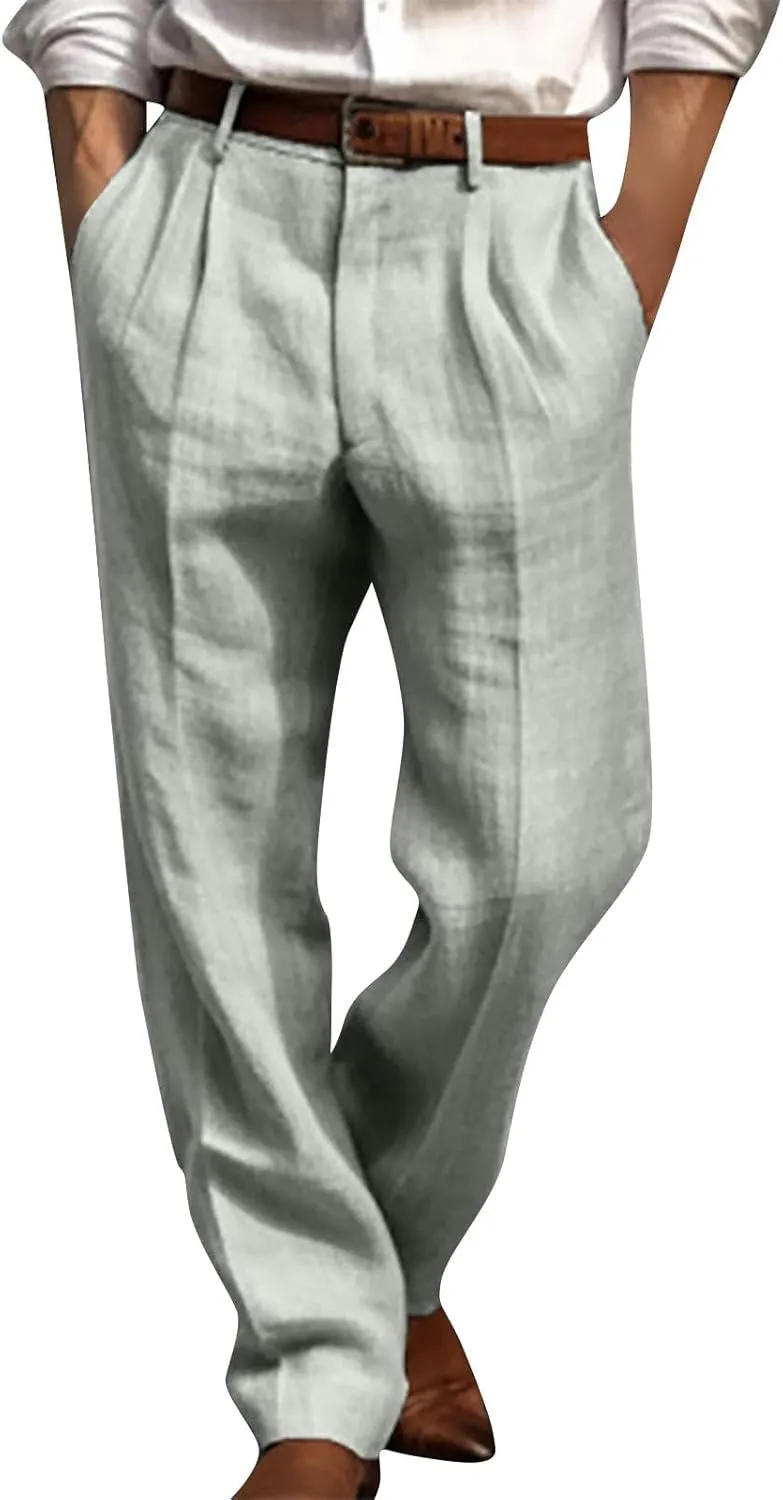 Chino Linen Pants for Men Wide Leg Elastic Waist Pants Breathable Big and Tall Plain Beach Trousers