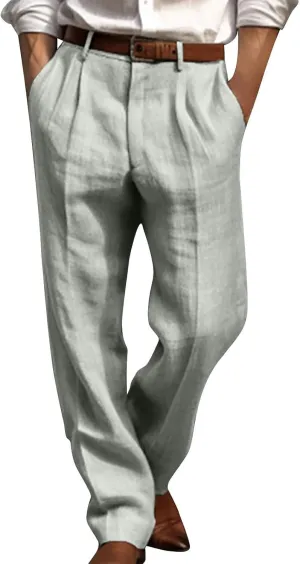 Chino Linen Pants for Men Wide Leg Elastic Waist Pants Breathable Big and Tall Plain Beach Trousers