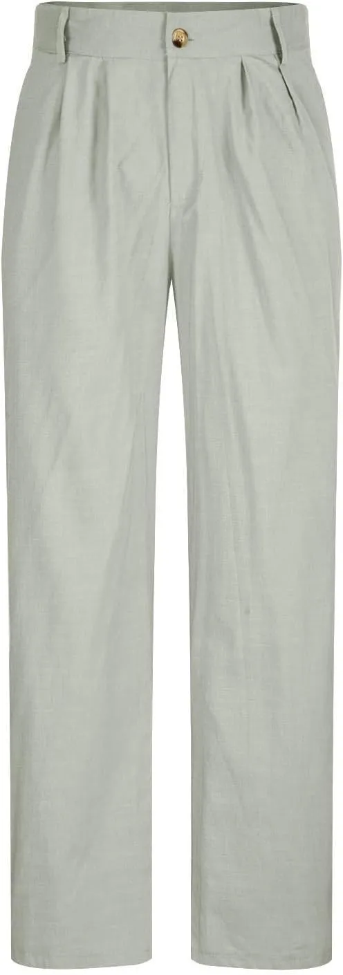 Chino Linen Pants for Men Wide Leg Elastic Waist Pants Breathable Big and Tall Plain Beach Trousers