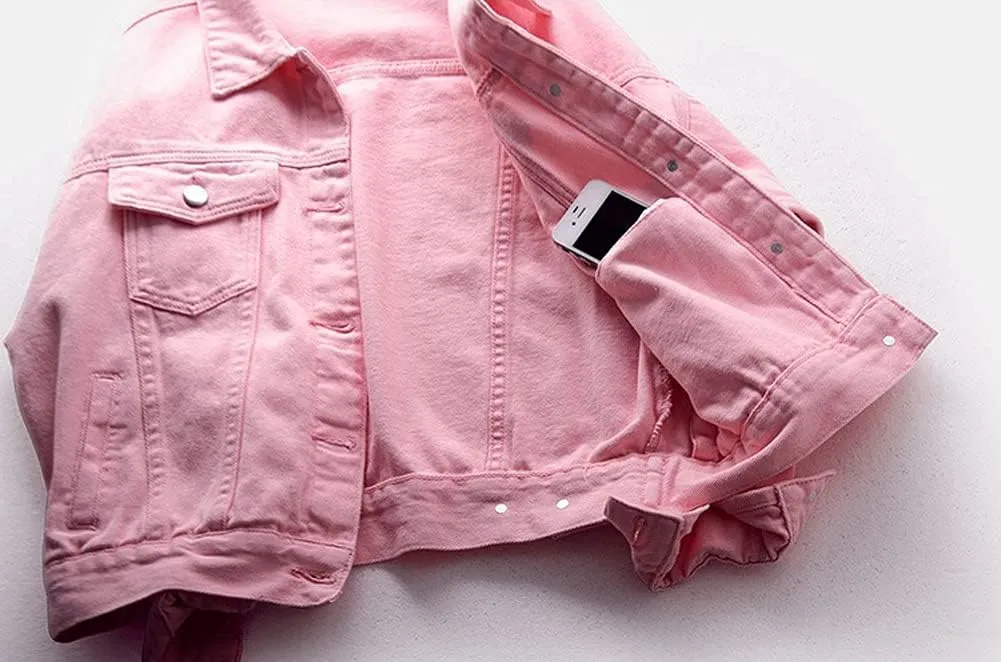 chouyatou Women's Casual Light Button Up Candy Color Short Denim Trucker Jacket