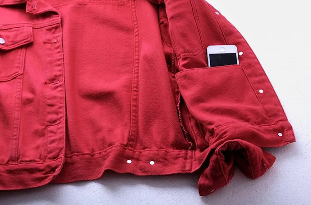 chouyatou Women's Casual Light Button Up Candy Color Short Denim Trucker Jacket