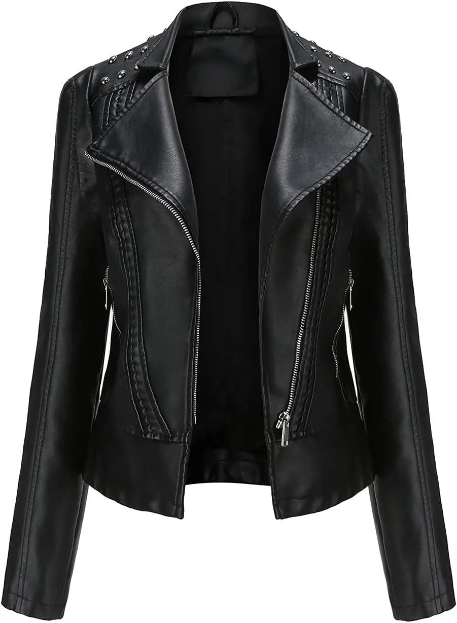 chouyatou Women's Casual Light Studded Shoulder Moto Biker Faux Leather Jacket