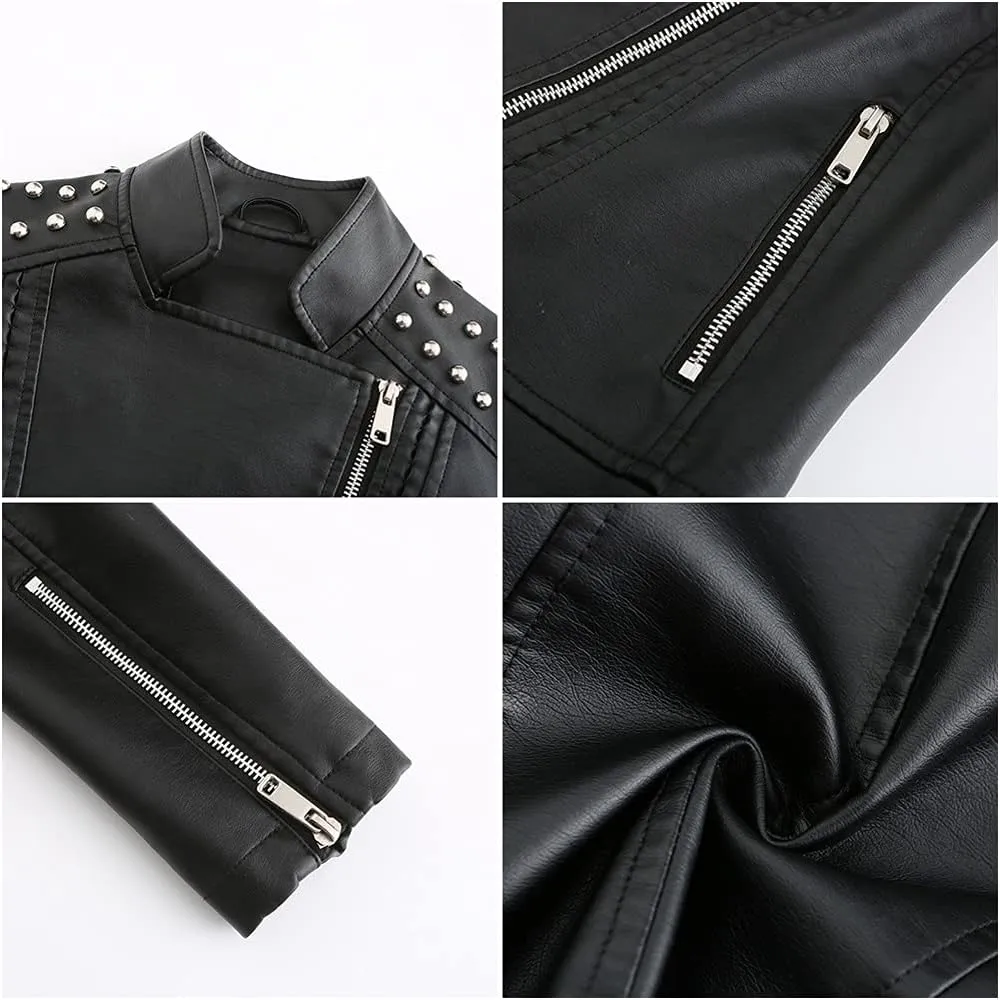 chouyatou Women's Casual Light Studded Shoulder Moto Biker Faux Leather Jacket