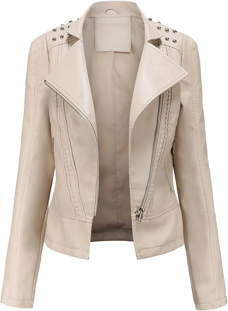 chouyatou Women's Casual Light Studded Shoulder Moto Biker Faux Leather Jacket