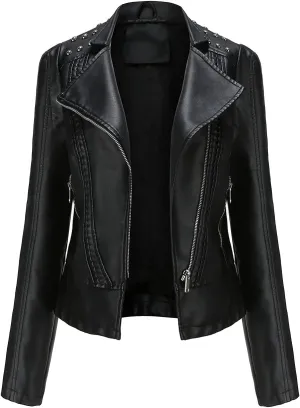 chouyatou Women's Casual Light Studded Shoulder Moto Biker Faux Leather Jacket