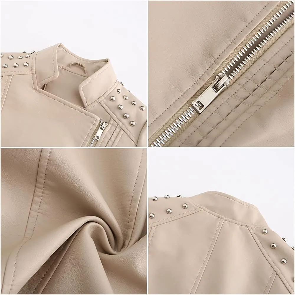 chouyatou Women's Casual Light Studded Shoulder Moto Biker Faux Leather Jacket