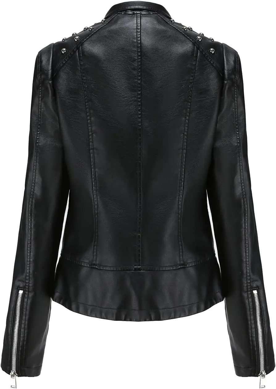 chouyatou Women's Casual Light Studded Shoulder Moto Biker Faux Leather Jacket