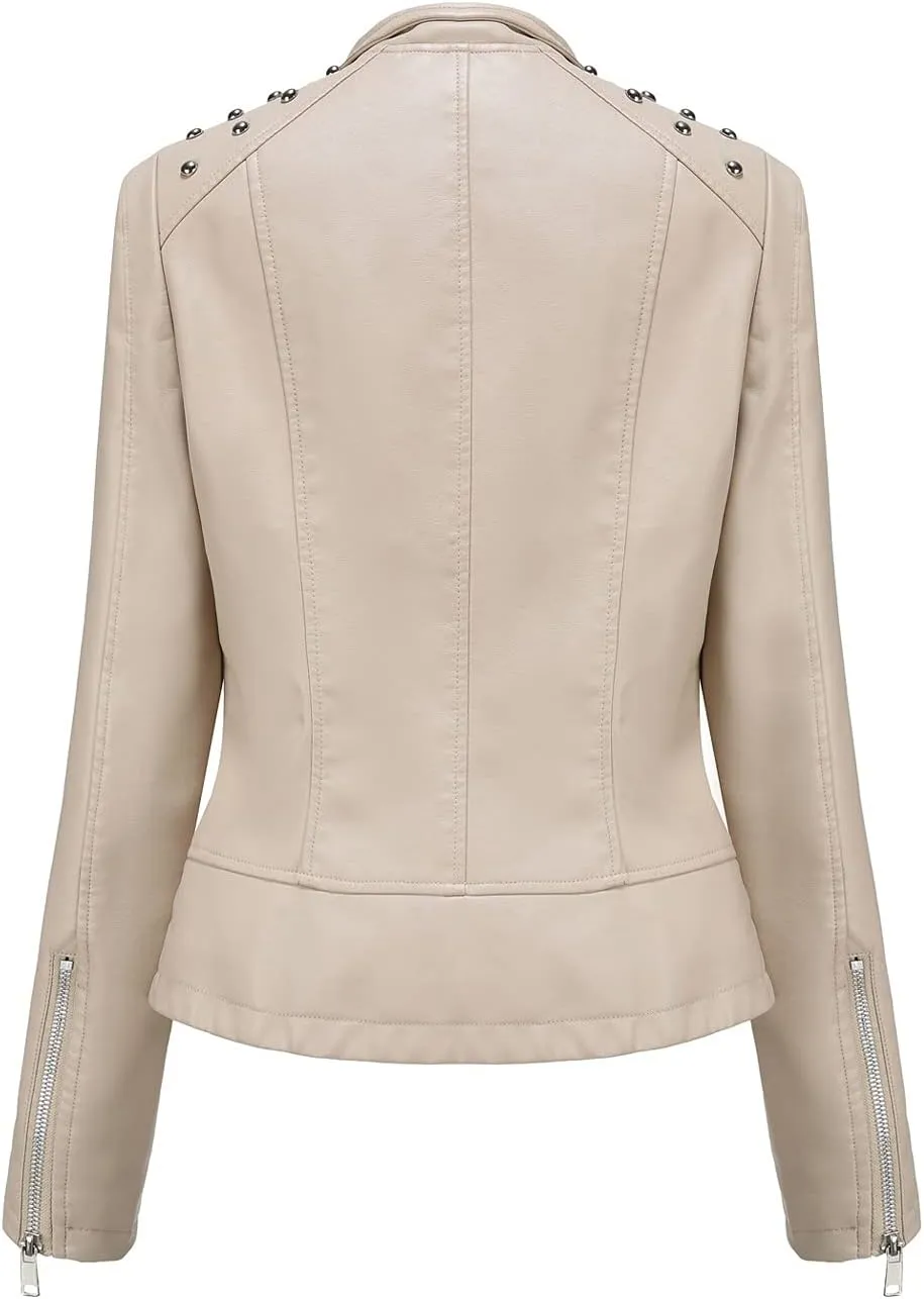 chouyatou Women's Casual Light Studded Shoulder Moto Biker Faux Leather Jacket
