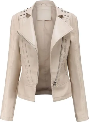 chouyatou Women's Casual Light Studded Shoulder Moto Biker Faux Leather Jacket