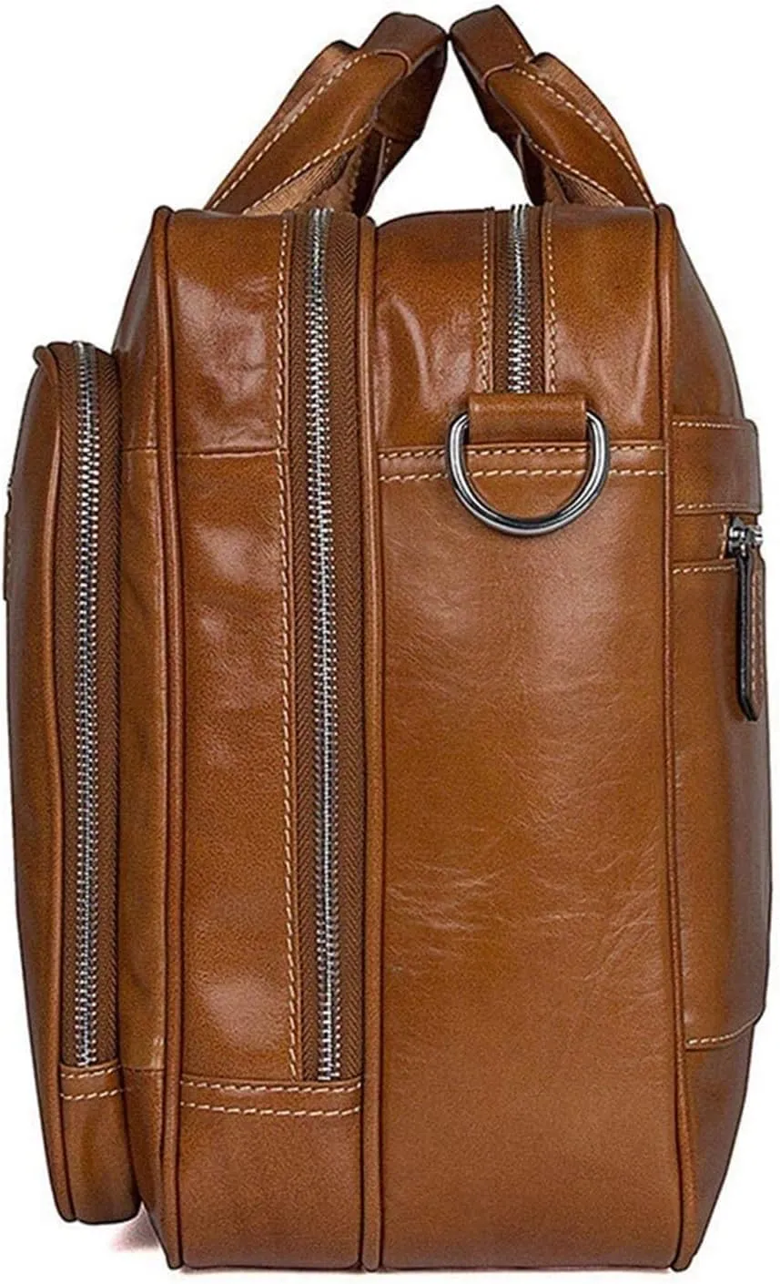 Classic Vintage Leather Expandable Double Compartments Business Briefcase Large 15.6Inch Laptop Shoulder Bag Office