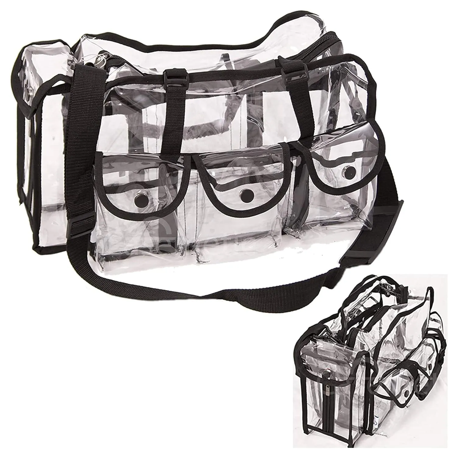 Clear Tote Travel Bag with 6 External Pockets and Shoulder Strap for Makeup Artist, Large