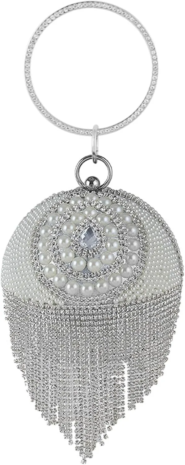 Clutch Purses for Women Elegant Round Ball Silver Evening Bag for Women Circular Chain Wristlet Purse with Tassels for Weddings and Special Occasions