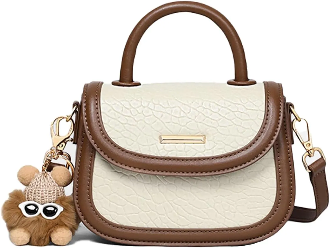Contrast leather saddle handbag for women,Trendy square crossbody bag,top handle shoulder bag with pendant.