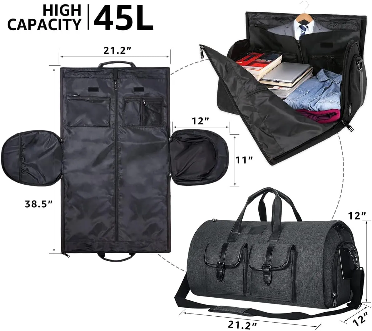 Convertible Garment Bag with Shoulder Strap, 2 In 1 Hanging Suitcase Carry-on Garment Bags Duffel Mens Suit Travel Bag (Black)