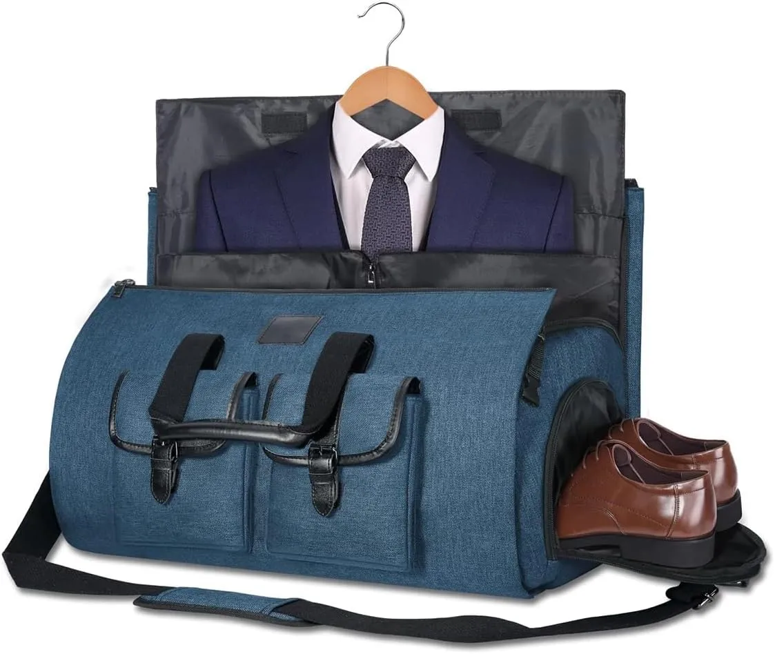 Convertible Garment Bag with Shoulder Strap, 2 In 1 Hanging Suitcase Carry-on Garment Bags Duffel Mens Suit Travel Bag (Blue)