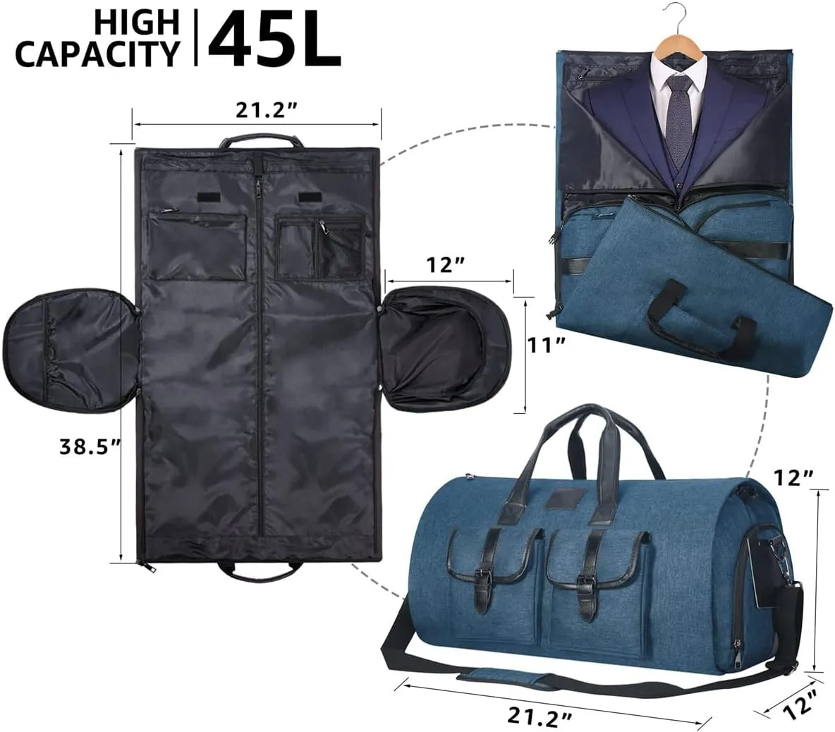 Convertible Garment Bag with Shoulder Strap, 2 In 1 Hanging Suitcase Carry-on Garment Bags Duffel Mens Suit Travel Bag (Blue)