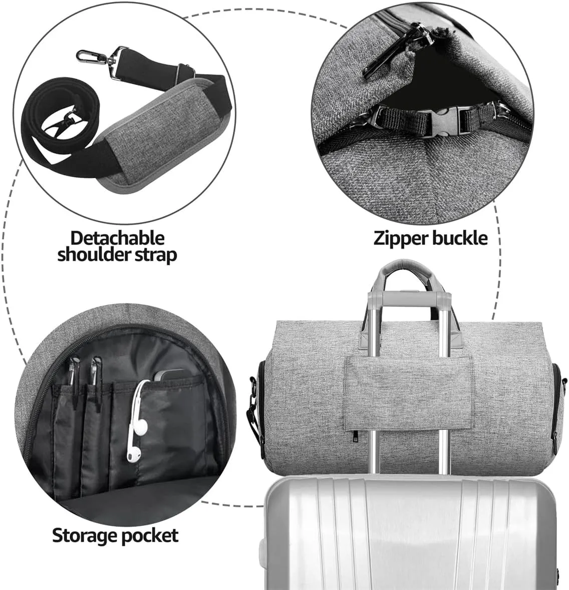 Convertible Garment Bag with Shoulder Strap, 2 In 1 Hanging Suitcase Carry-on Garment Bags Duffel Mens Suit Travel Bag (Grey)