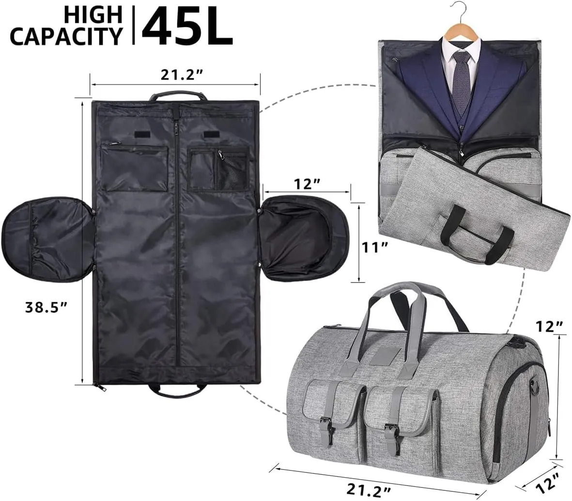 Convertible Garment Bag with Shoulder Strap, 2 In 1 Hanging Suitcase Carry-on Garment Bags Duffel Mens Suit Travel Bag (Grey)