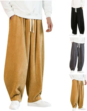 Corduroy Harem Pants for Men Fashion Loose Fit Elastic Waist Drawstring Trousers Outdoor Jogger Sweatpants Pocket
