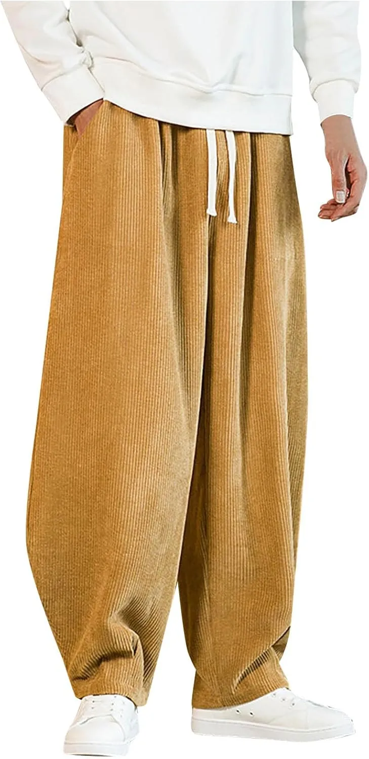 Corduroy Harem Pants for Men Fashion Loose Fit Elastic Waist Drawstring Trousers Outdoor Jogger Sweatpants Pocket