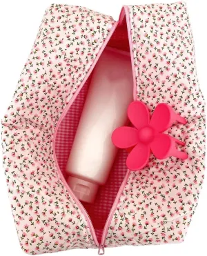 Cosmetic Bag Large Floral Makeup Bag Quilted Pouch Coquette Toiletry Travel, Pink Floral, Large