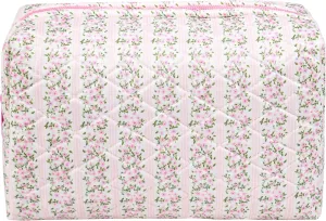 Cosmetic Bag Large Floral Makeup Bag Quilted Pouch Coquette Toiletry Travel, Pink with strip Floral, Large