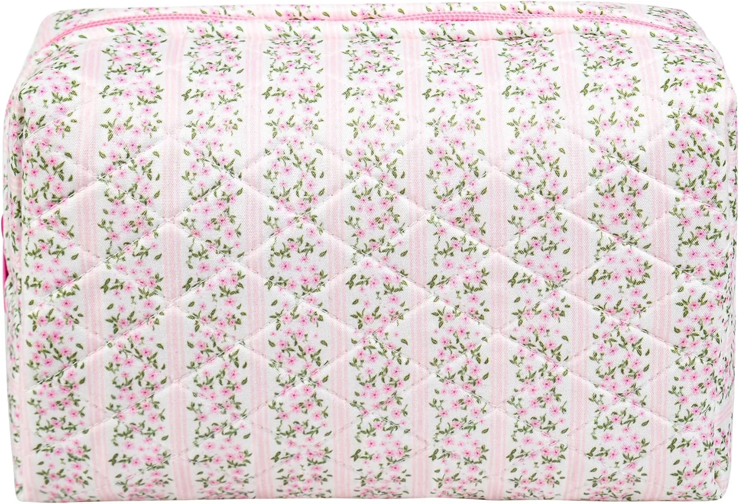 Cosmetic Bag Large Floral Makeup Bag Quilted Pouch Coquette Toiletry Travel, Pink with strip Floral, Large