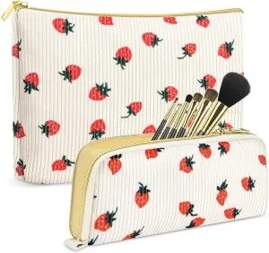Cosmetis Bag Makeup Bag for Women, Gifts for Girls, Corduroy Strawbery Cute Travel Make up Bag Toiletry Bag Girlfriend Teacher Gifts Birthday Gift for Her