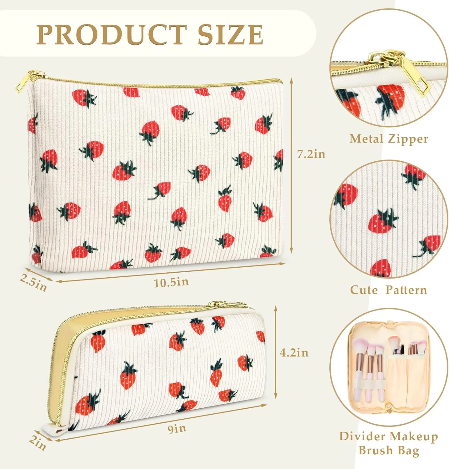 Cosmetis Bag Makeup Bag for Women, Gifts for Girls, Corduroy Strawbery Cute Travel Make up Bag Toiletry Bag Girlfriend Teacher Gifts Birthday Gift for Her